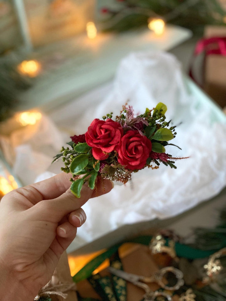 Red flower hair wreath, clip & earrings “A Legend of Passion” | Christmas gift for her | Winter wedding accessory – handmade floral hair accessory by magaela