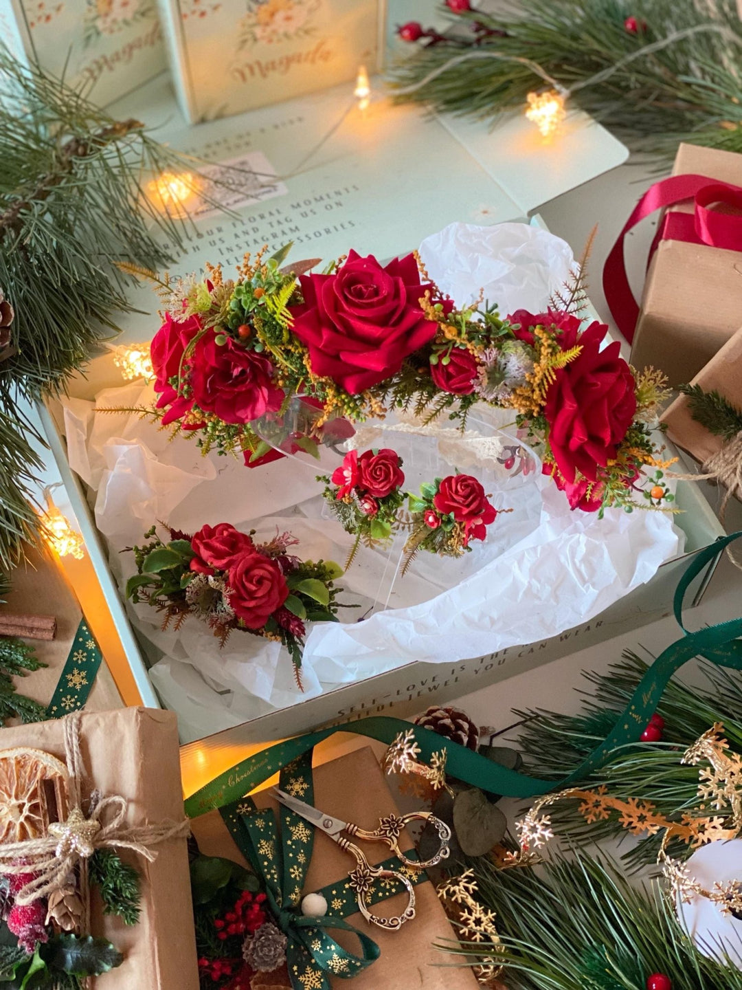 Red flower hair wreath, clip & earrings “A Legend of Passion” | Christmas gift for her | Winter wedding accessory – handmade floral hair accessory by magaela