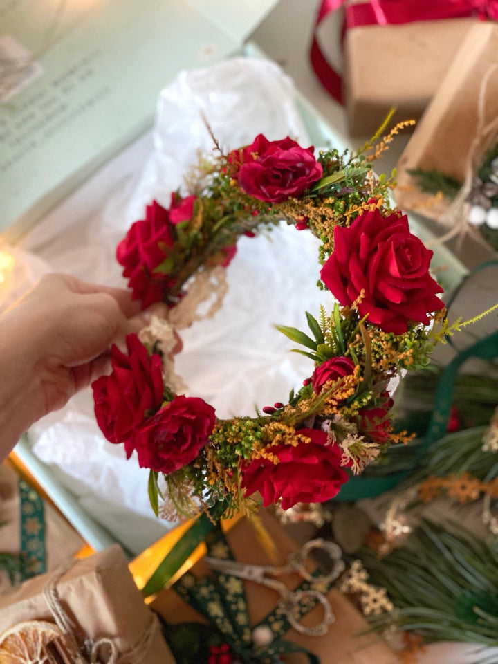 Red flower hair wreath, clip & earrings “A Legend of Passion” | Christmas gift for her | Winter wedding accessory – handmade floral hair accessory by magaela