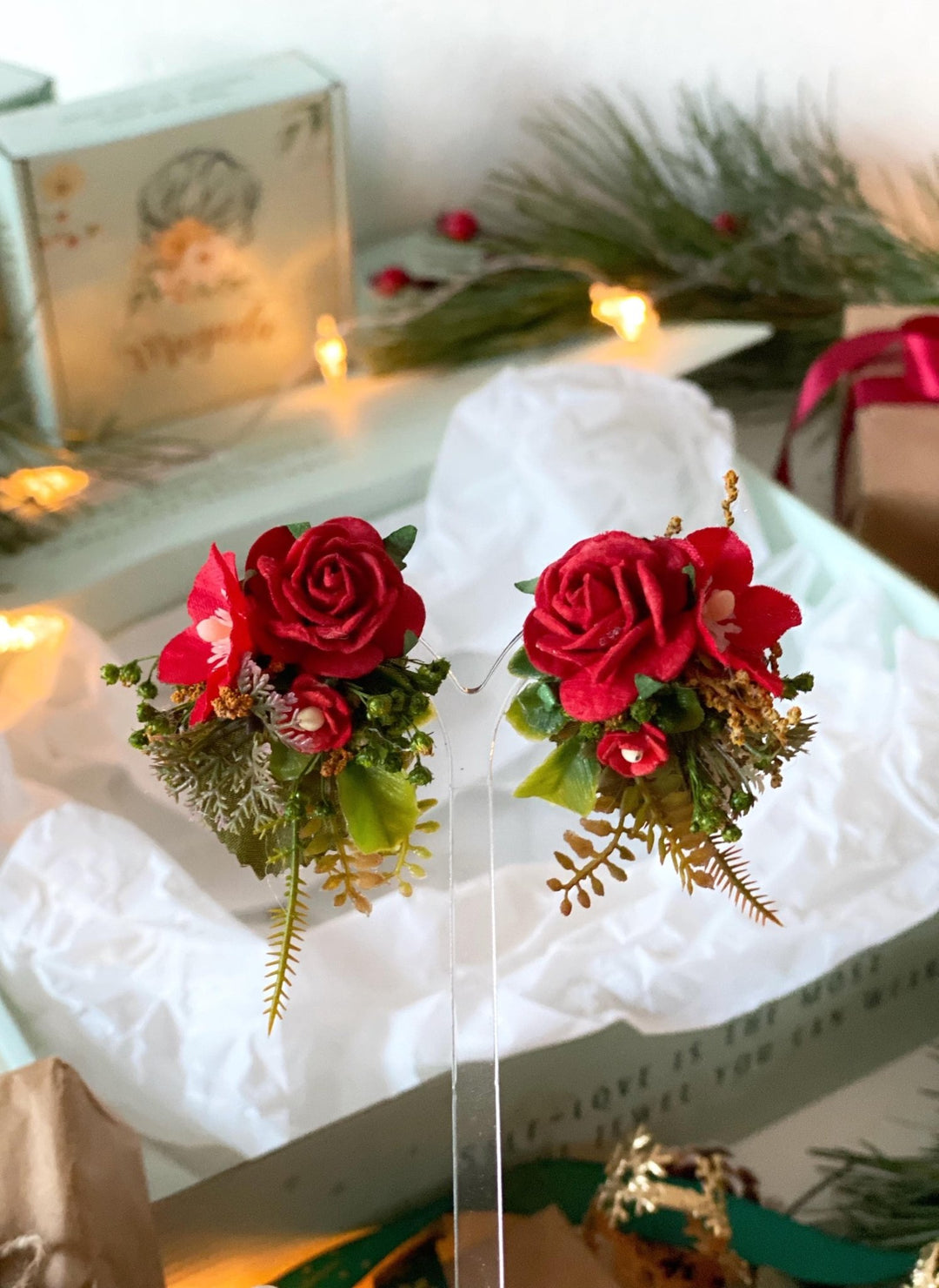 Red flower hair wreath, clip & earrings “A Legend of Passion” | Christmas gift for her | Winter wedding accessory – handmade floral hair accessory by magaela