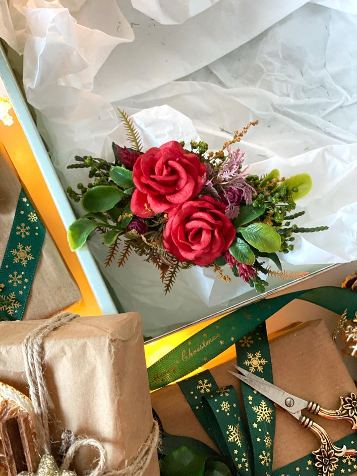 Red flower hair wreath, clip & earrings “A Legend of Passion” | Christmas gift for her | Winter wedding accessory – handmade floral hair accessory by magaela