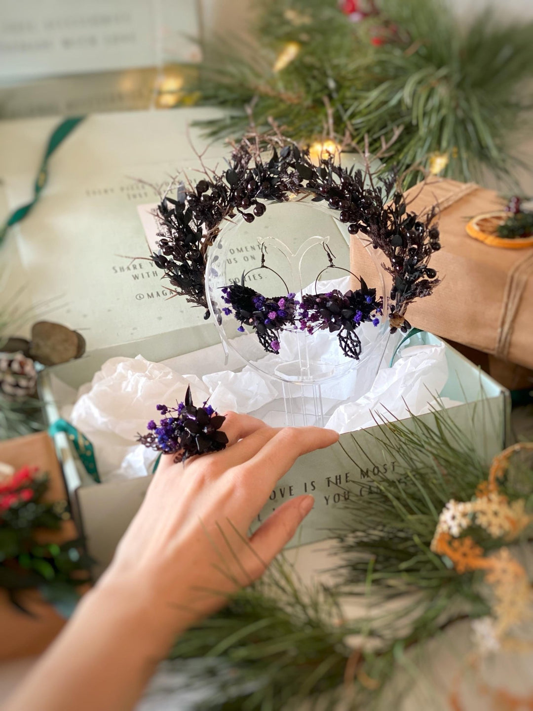 Handmade gift box "Forest witch" - gothic set of headpiece, circle earrings and ring – handmade floral hair accessory by magaela