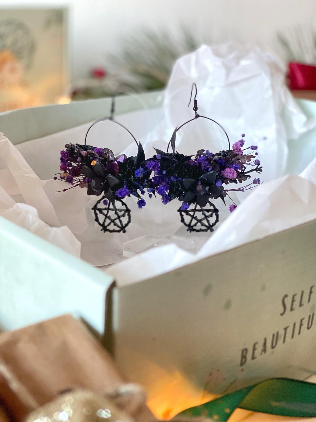 Handmade gift box "Forest witch" - gothic set of headpiece, circle earrings and ring – handmade floral hair accessory by magaela