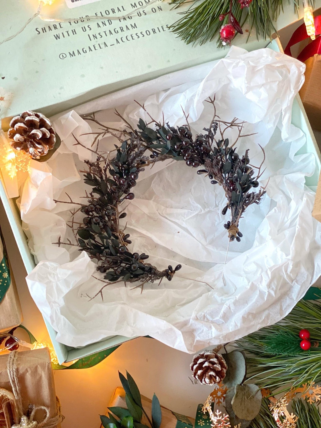 Handmade gift box "Forest witch" - gothic set of headpiece, circle earrings and ring – handmade floral hair accessory by magaela