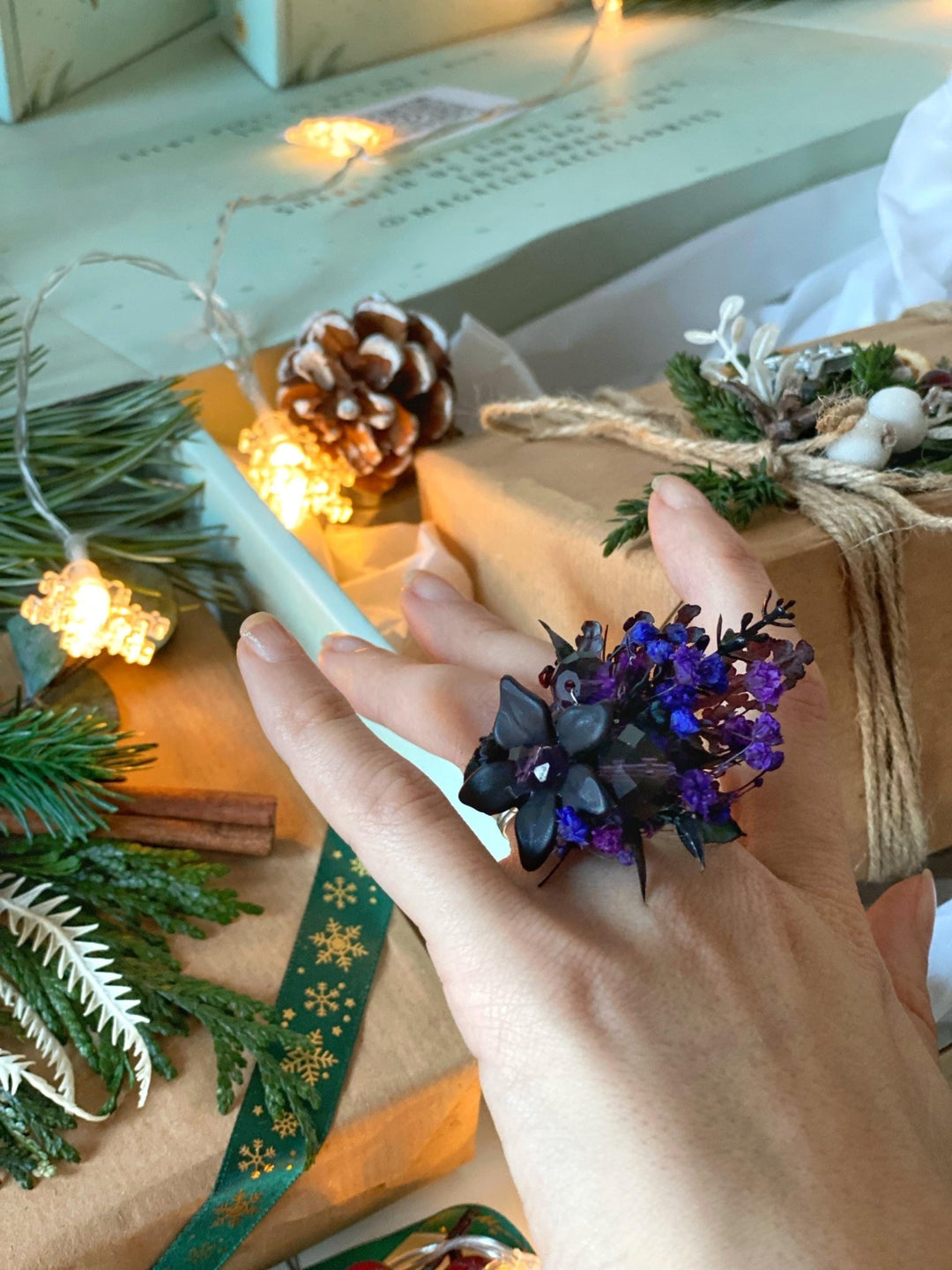 Handmade gift box "Forest witch" - gothic set of headpiece, circle earrings and ring – handmade floral hair accessory by magaela