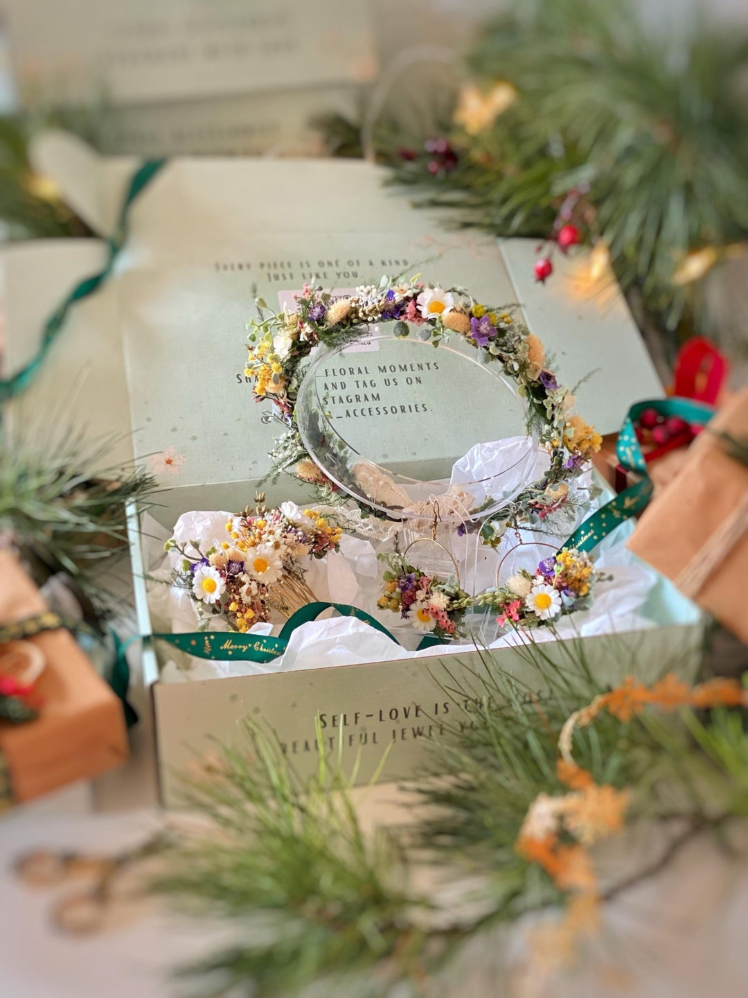 Handmade gift box "The first spring greeting" - wild flowers wreath, hair comb and earrings – handmade floral hair accessory by magaela