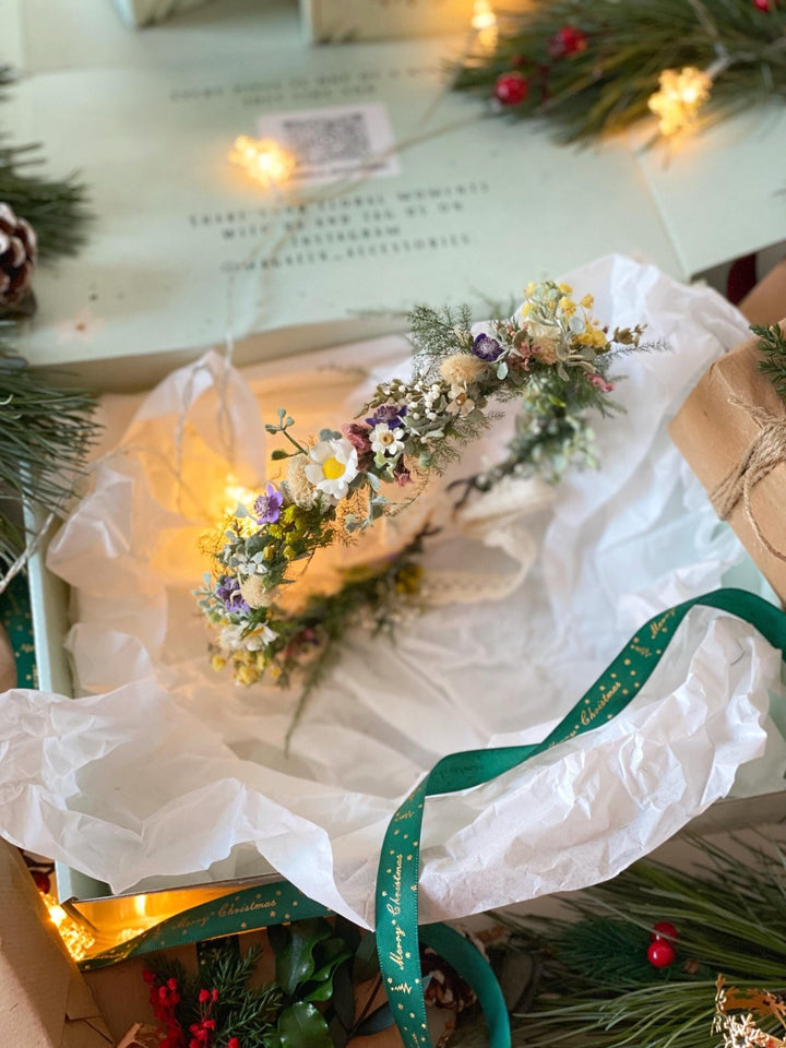 Handmade gift box "The first spring greeting" - wild flowers wreath, hair comb and earrings – handmade floral hair accessory by magaela