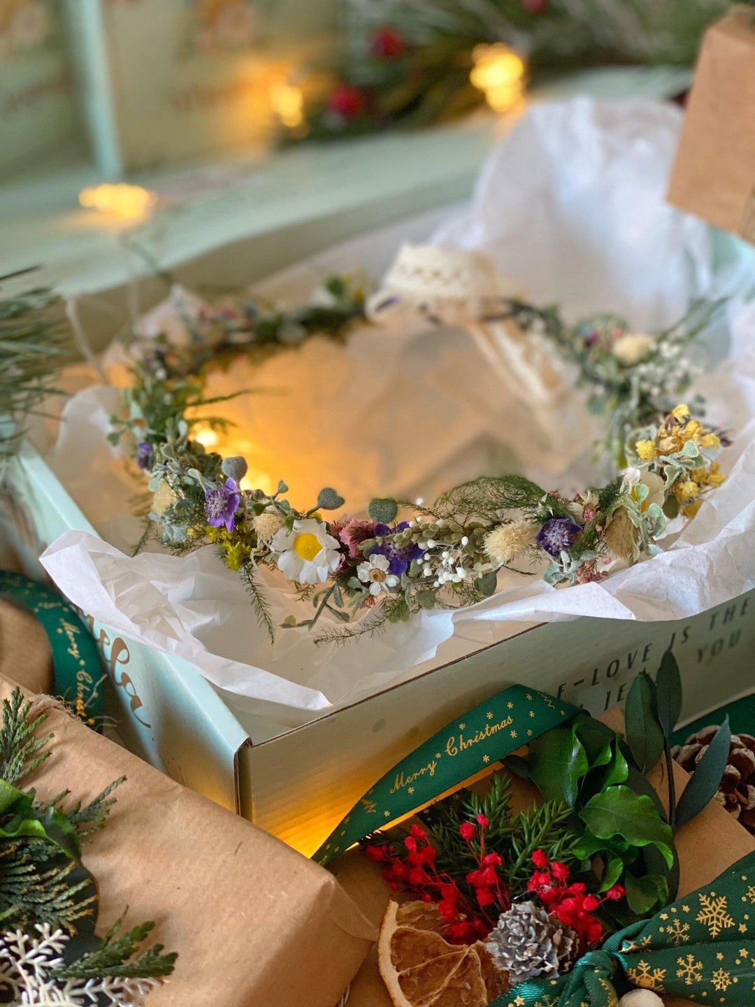 Handmade gift box "The first spring greeting" - wild flowers wreath, hair comb and earrings – handmade floral hair accessory by magaela