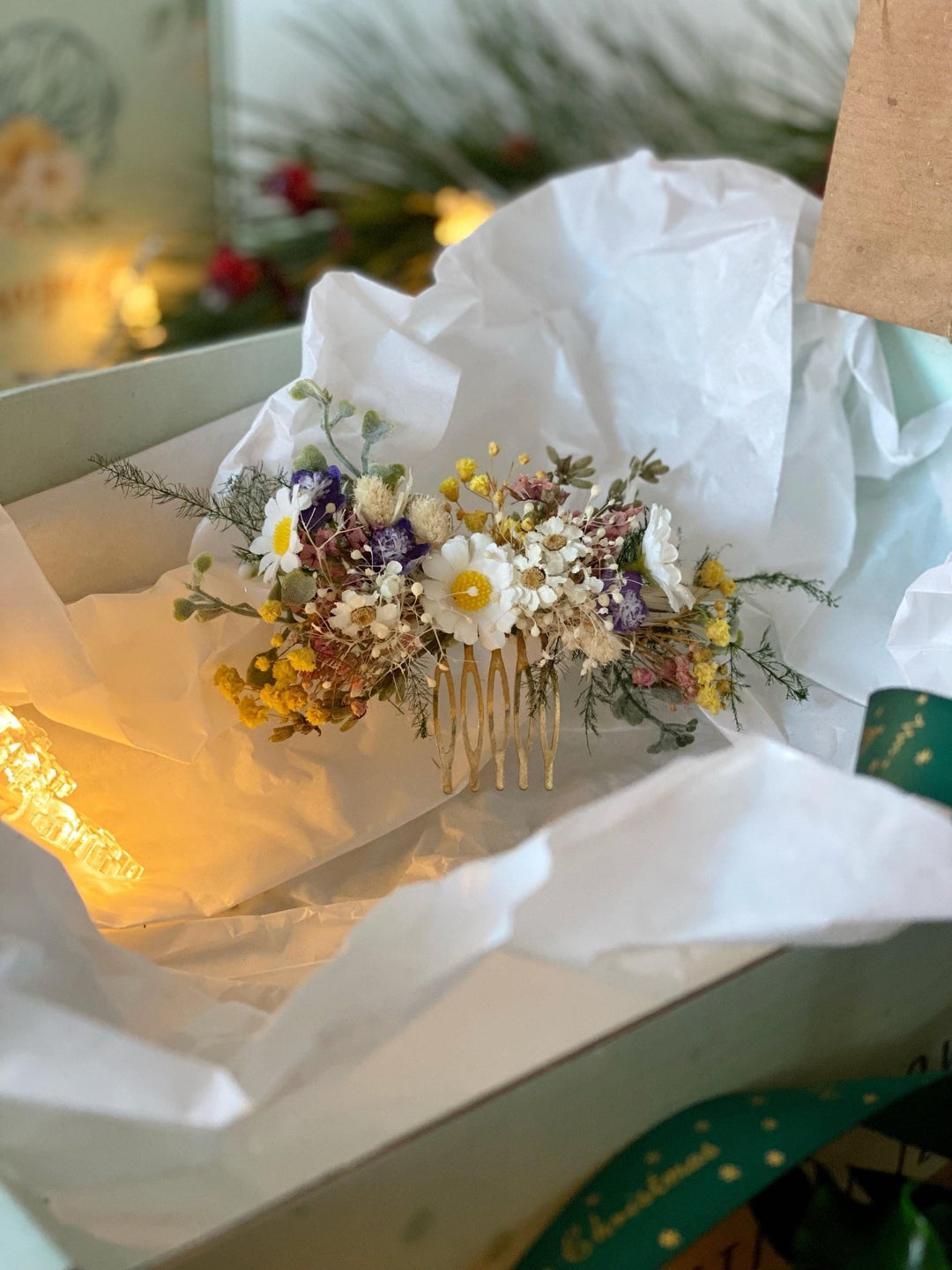 Handmade gift box "The first spring greeting" - wild flowers wreath, hair comb and earrings – handmade floral hair accessory by magaela