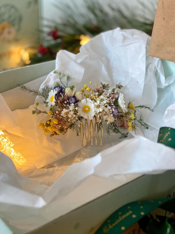Handmade gift box "The first spring greeting" - wild flowers wreath, hair comb and earrings – handmade floral hair accessory by magaela
