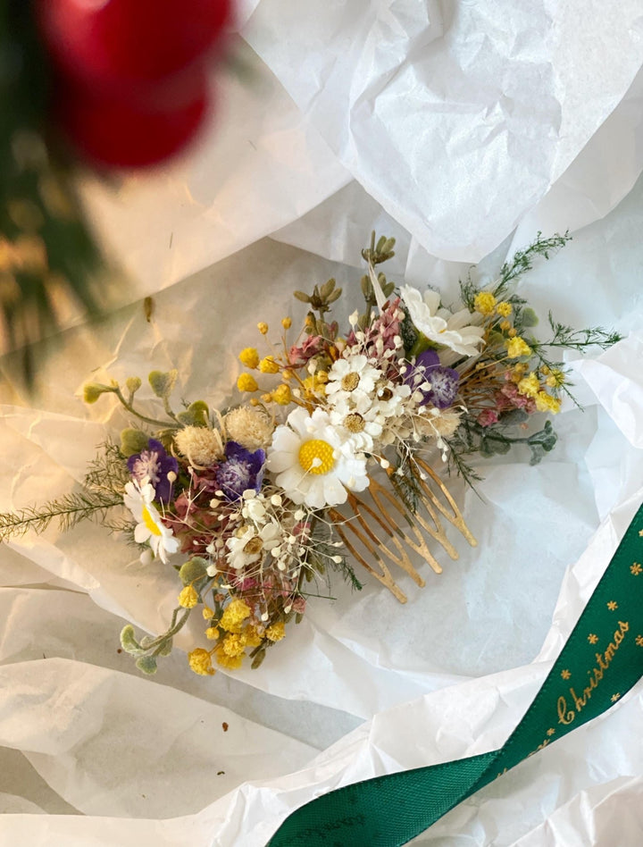 Handmade gift box "The first spring greeting" - wild flowers wreath, hair comb and earrings – handmade floral hair accessory by magaela