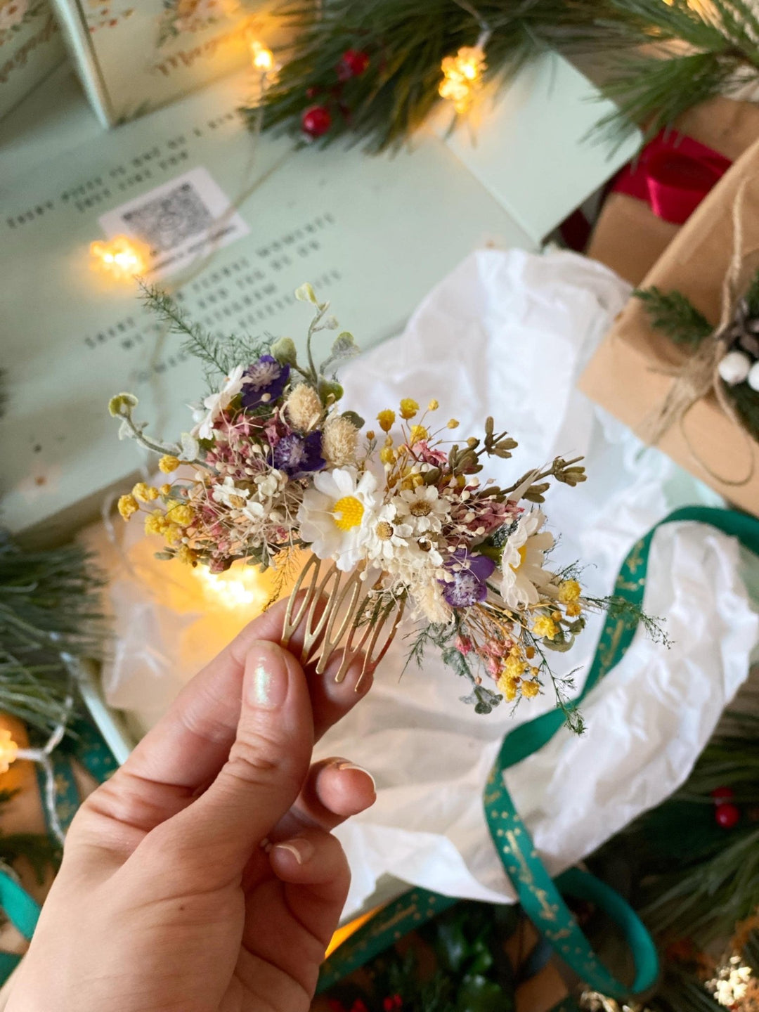 Handmade gift box "The first spring greeting" - wild flowers wreath, hair comb and earrings – handmade floral hair accessory by magaela