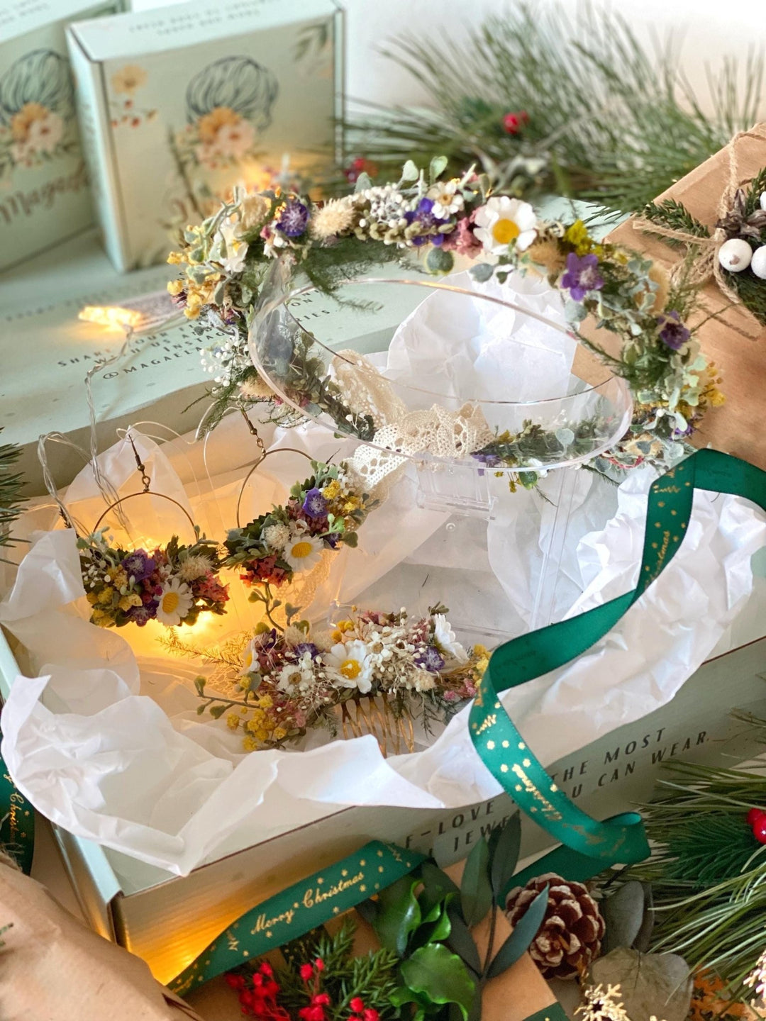 Handmade gift box "The first spring greeting" - wild flowers wreath, hair comb and earrings – handmade floral hair accessory by magaela