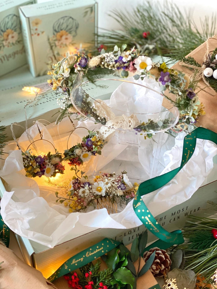 Handmade gift box "The first spring greeting" - wild flowers wreath, hair comb and earrings – handmade floral hair accessory by magaela