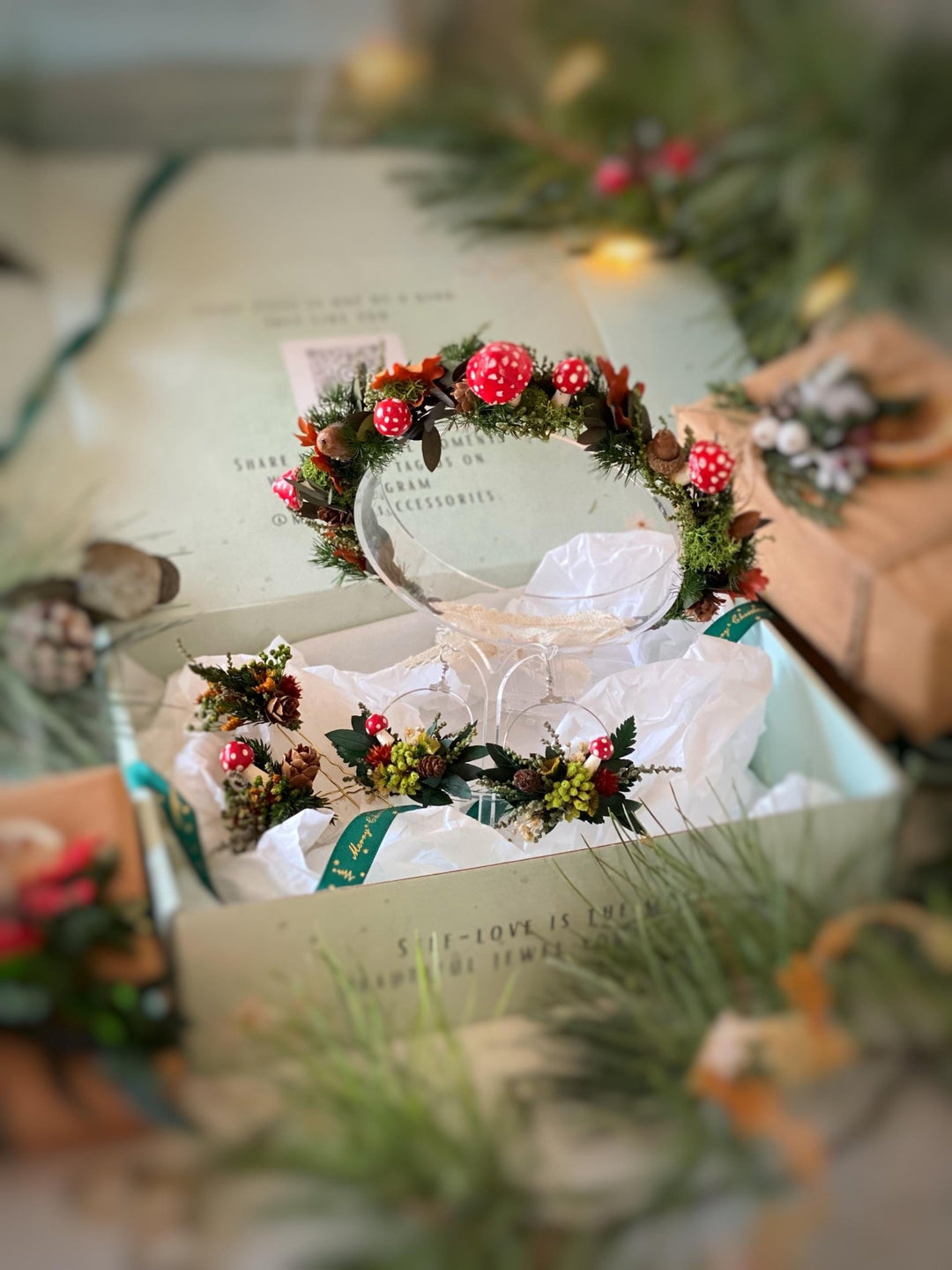 Handmade gift box "Magic forest" - mushrooms woodland wreath, hair pins and earrings – handmade floral hair accessory by magaela