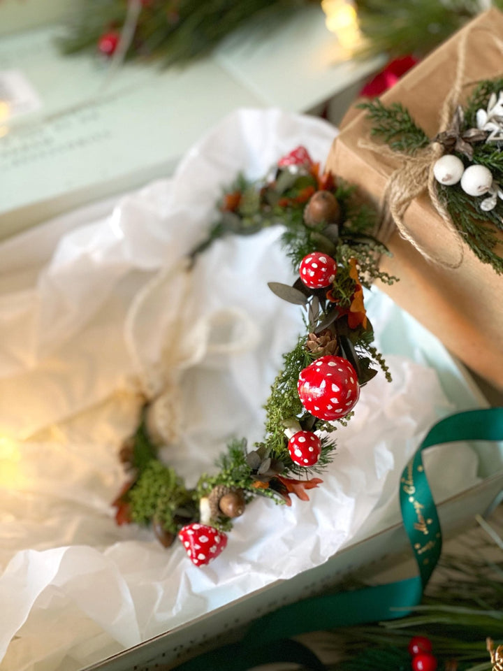 Handmade gift box "Magic forest" - mushrooms woodland wreath, hair pins and earrings – handmade floral hair accessory by magaela