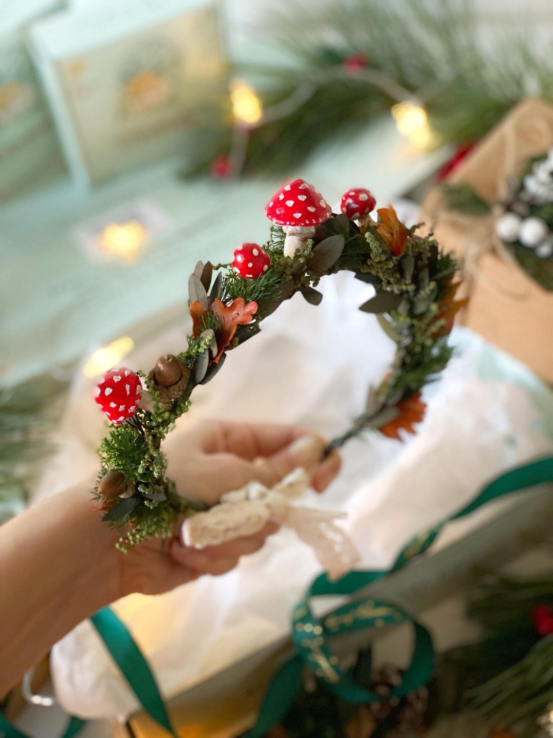 Handmade gift box "Magic forest" - mushrooms woodland wreath, hair pins and earrings – handmade floral hair accessory by magaela