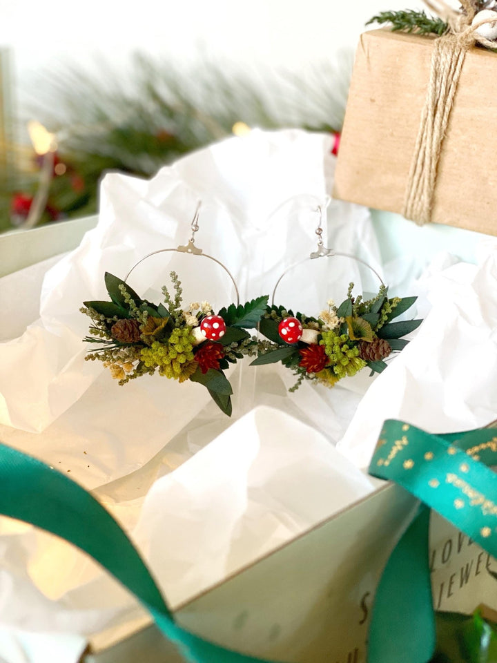 Handmade gift box "Magic forest" - mushrooms woodland wreath, hair pins and earrings – handmade floral hair accessory by magaela