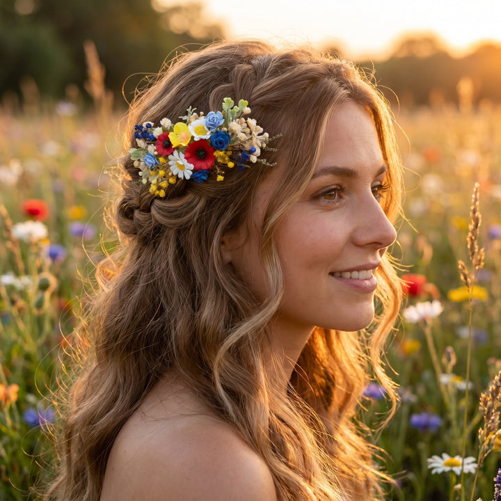 Folk Meadow Flower Hair Comb & Pins: Poppy Daisy Wedding Accessories – handmade floral hair accessory by magaela