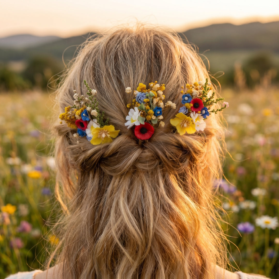 Folk Meadow Flower Hair Comb & Pins: Poppy Daisy Wedding Accessories – handmade floral hair accessory by magaela