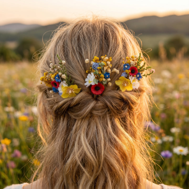 Folk Meadow Flower Hair Comb & Pins: Poppy Daisy Wedding Accessories – handmade floral hair accessory by magaela