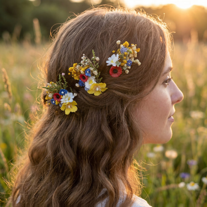 Folk Meadow Flower Hair Comb & Pins: Poppy Daisy Wedding Accessories – handmade floral hair accessory by magaela