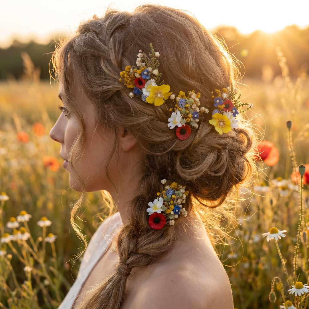 Folk Meadow Flower Hair Comb & Pins: Poppy Daisy Wedding Accessories – handmade floral hair accessory by magaela