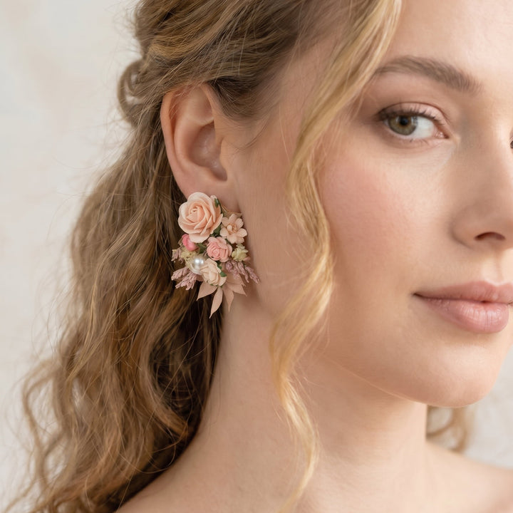 Jeanne Blush Rose Stud Earrings – Romantic Wedding & Bridal Jewelry | Magaela – handmade floral hair accessory by magaela