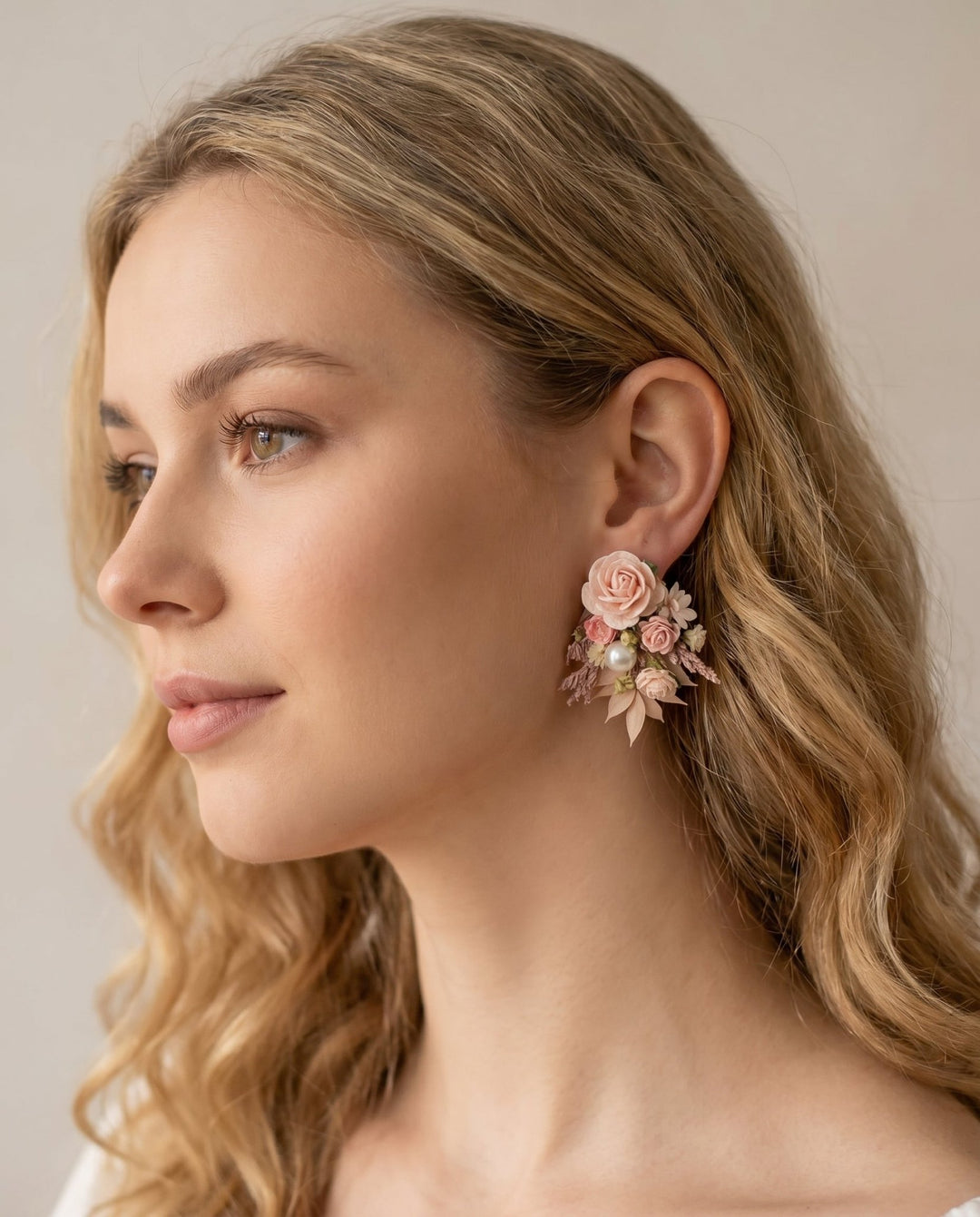 Jeanne Blush Rose Stud Earrings – Romantic Wedding & Bridal Jewelry | Magaela – handmade floral hair accessory by magaela