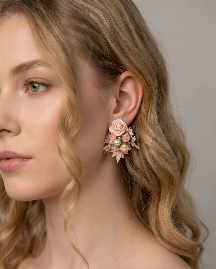 Jeanne Blush Rose Stud Earrings – Romantic Wedding & Bridal Jewelry | Magaela – handmade floral hair accessory by magaela