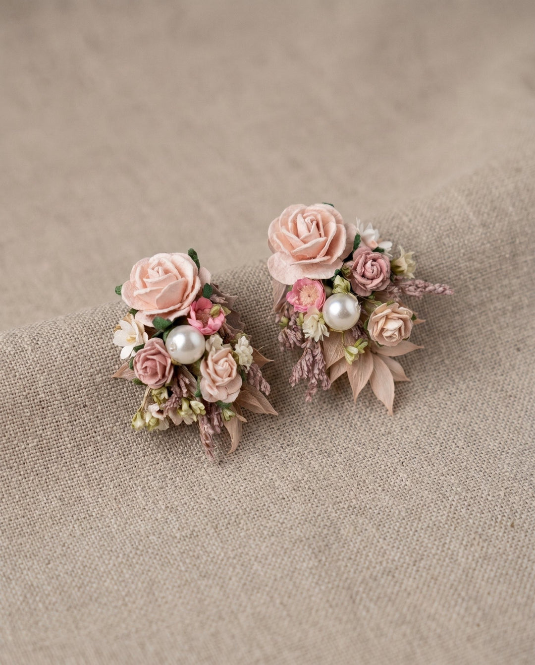 Jeanne Blush Rose Stud Earrings – Romantic Wedding & Bridal Jewelry | Magaela – handmade floral hair accessory by magaela