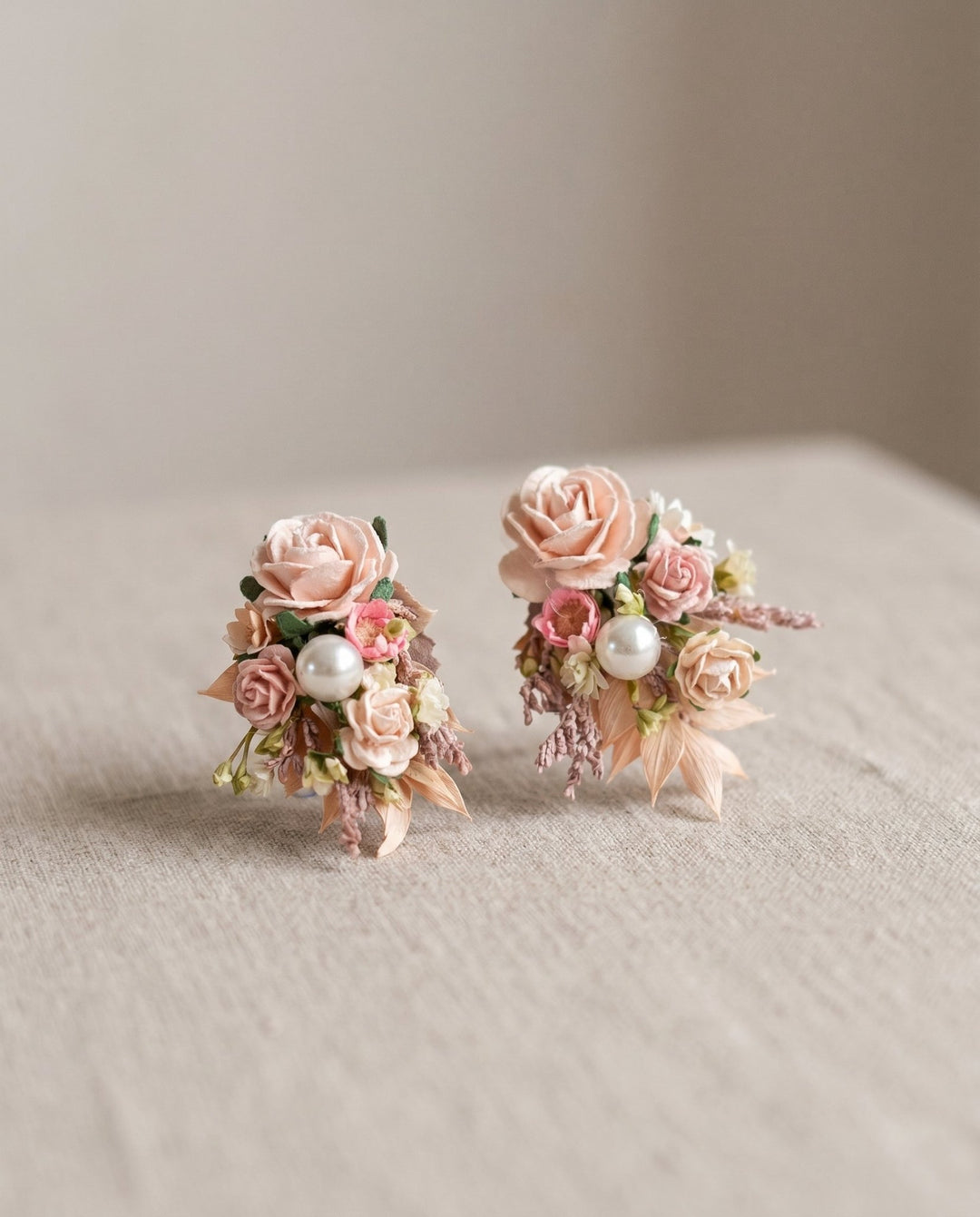 Jeanne Blush Rose Stud Earrings – Romantic Wedding & Bridal Jewelry | Magaela – handmade floral hair accessory by magaela