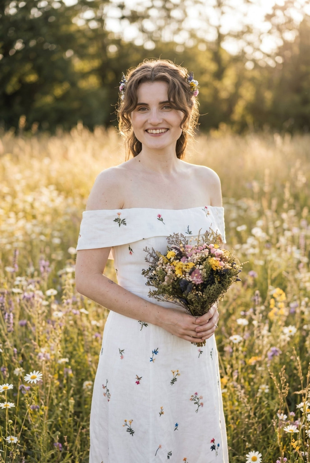Wildflower Bridal Bouquet: Summer Meadow Wedding, Cottagecore Style – handmade floral hair accessory by magaela