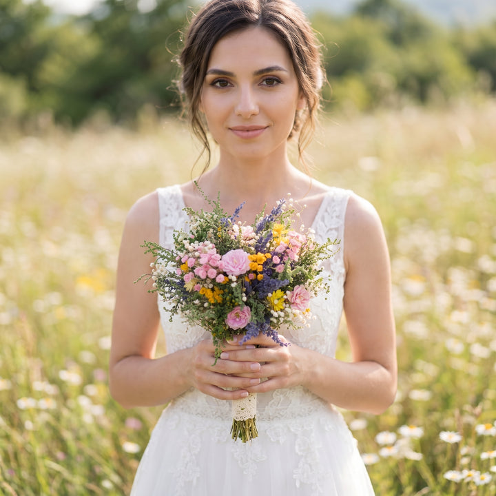 Wildflower Bridal Bouquet: Summer Meadow Wedding, Cottagecore Style – handmade floral hair accessory by magaela