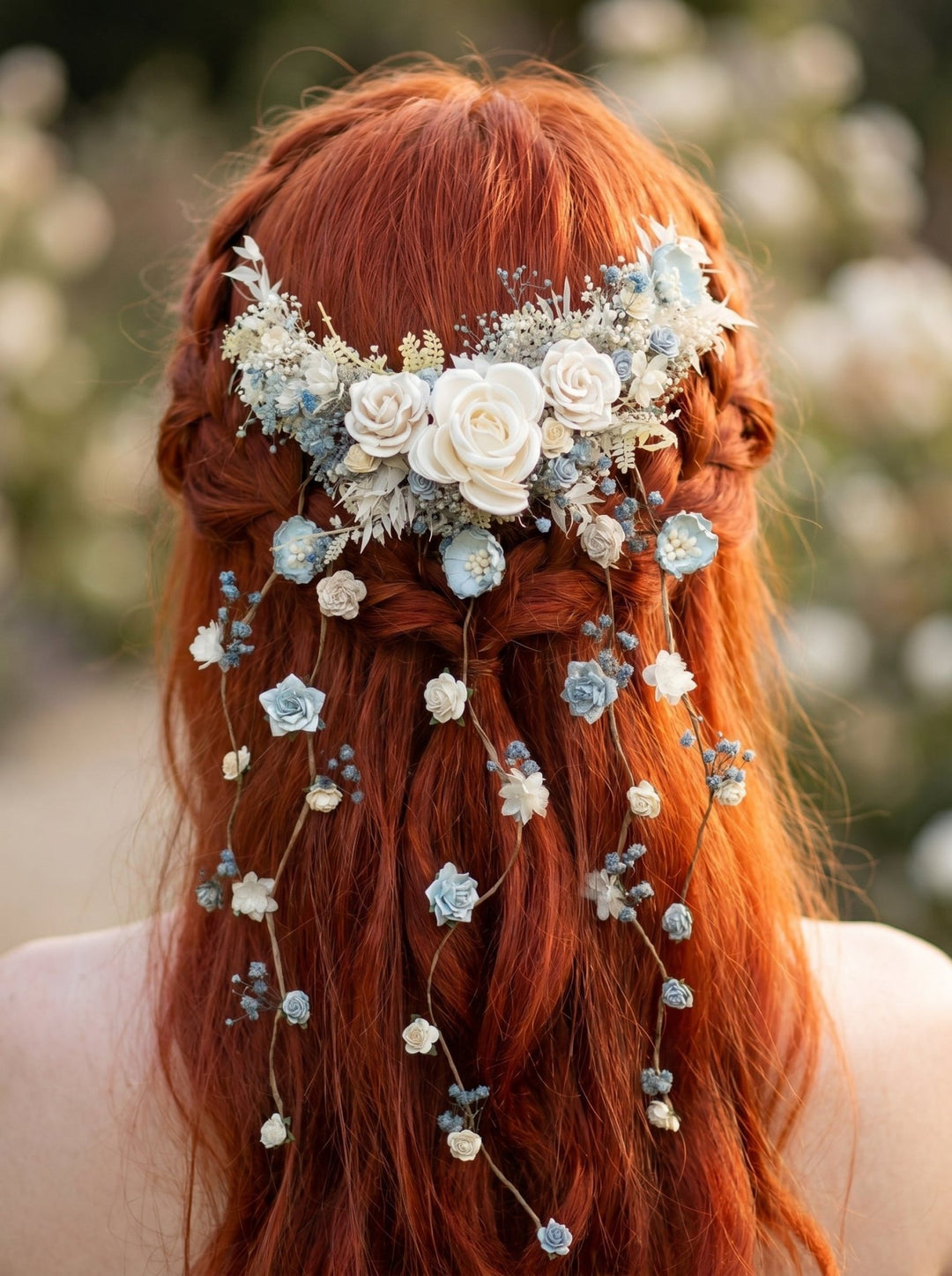 Dusty Blue & Cream Waterfall Hair Vine – Jesse | Romantic Bridal Floral Veil – handmade floral hair accessory by magaela