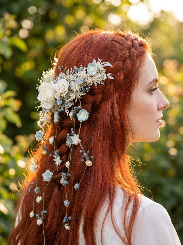 Dusty Blue & Cream Waterfall Hair Vine – Jesse | Romantic Bridal Floral Veil – handmade floral hair accessory by magaela