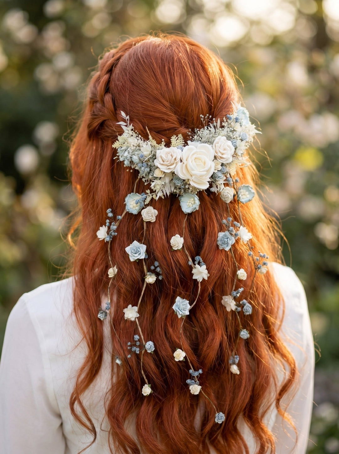 Dusty Blue & Cream Waterfall Hair Vine – Jesse | Romantic Bridal Floral Veil – handmade floral hair accessory by magaela
