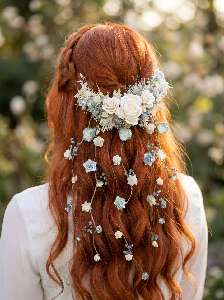 Dusty Blue & Cream Waterfall Hair Vine – Jesse | Romantic Bridal Floral Veil – handmade floral hair accessory by magaela