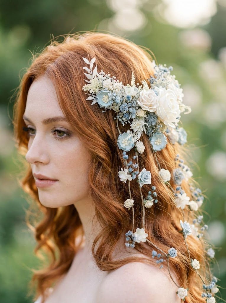 Dusty Blue & Cream Waterfall Hair Vine – Jesse | Romantic Bridal Floral Veil – handmade floral hair accessory by magaela