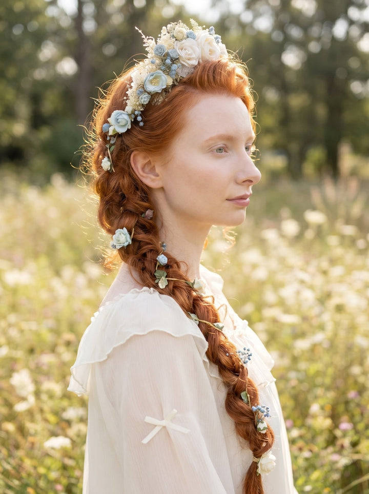 Dusty Blue & Cream Waterfall Hair Vine – Jesse | Romantic Bridal Floral Veil – handmade floral hair accessory by magaela