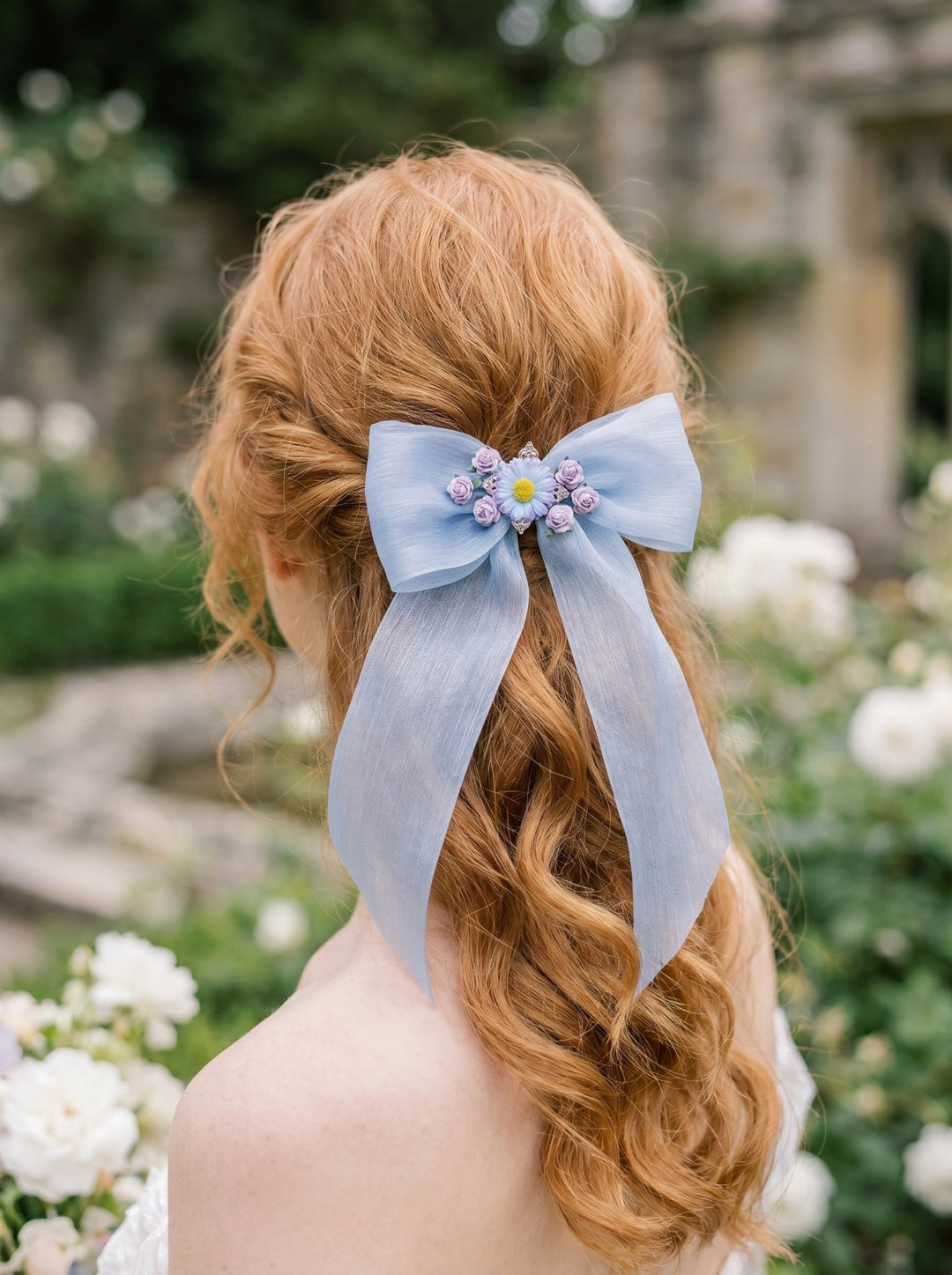 Blue Floral Bow Hair Clip with Daisies – Romantic Wedding Hair Bow, Something Blue Bridal Hair Accessory – handmade floral hair accessory by magaela
