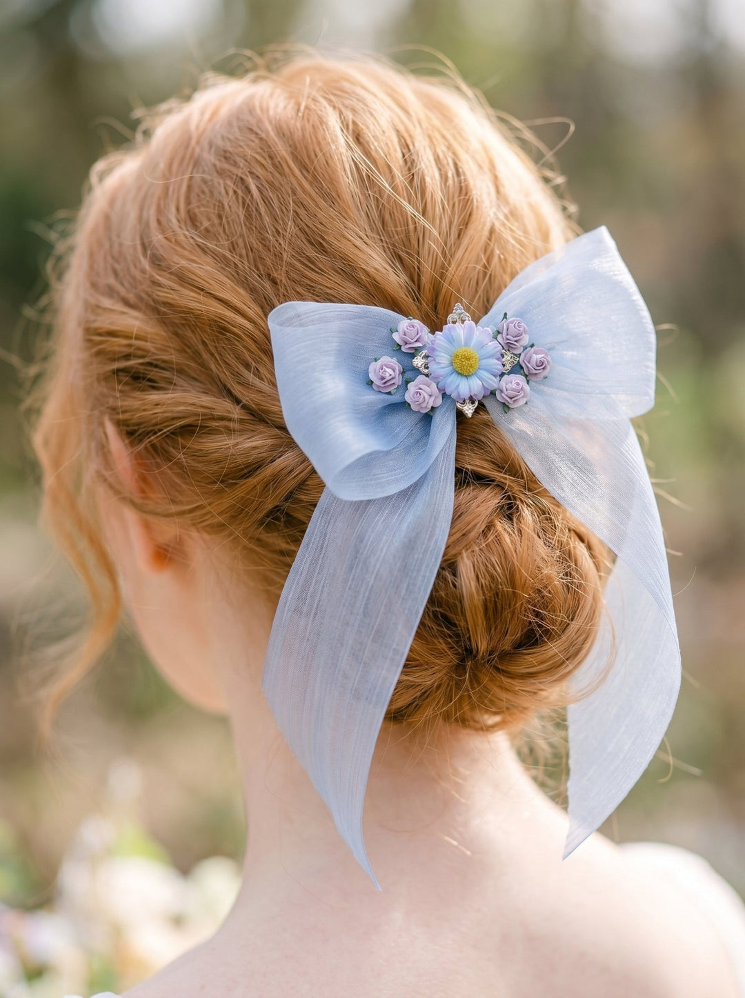 Blue Floral Bow Hair Clip with Daisies – Romantic Wedding Hair Bow, Something Blue Bridal Hair Accessory – handmade floral hair accessory by magaela