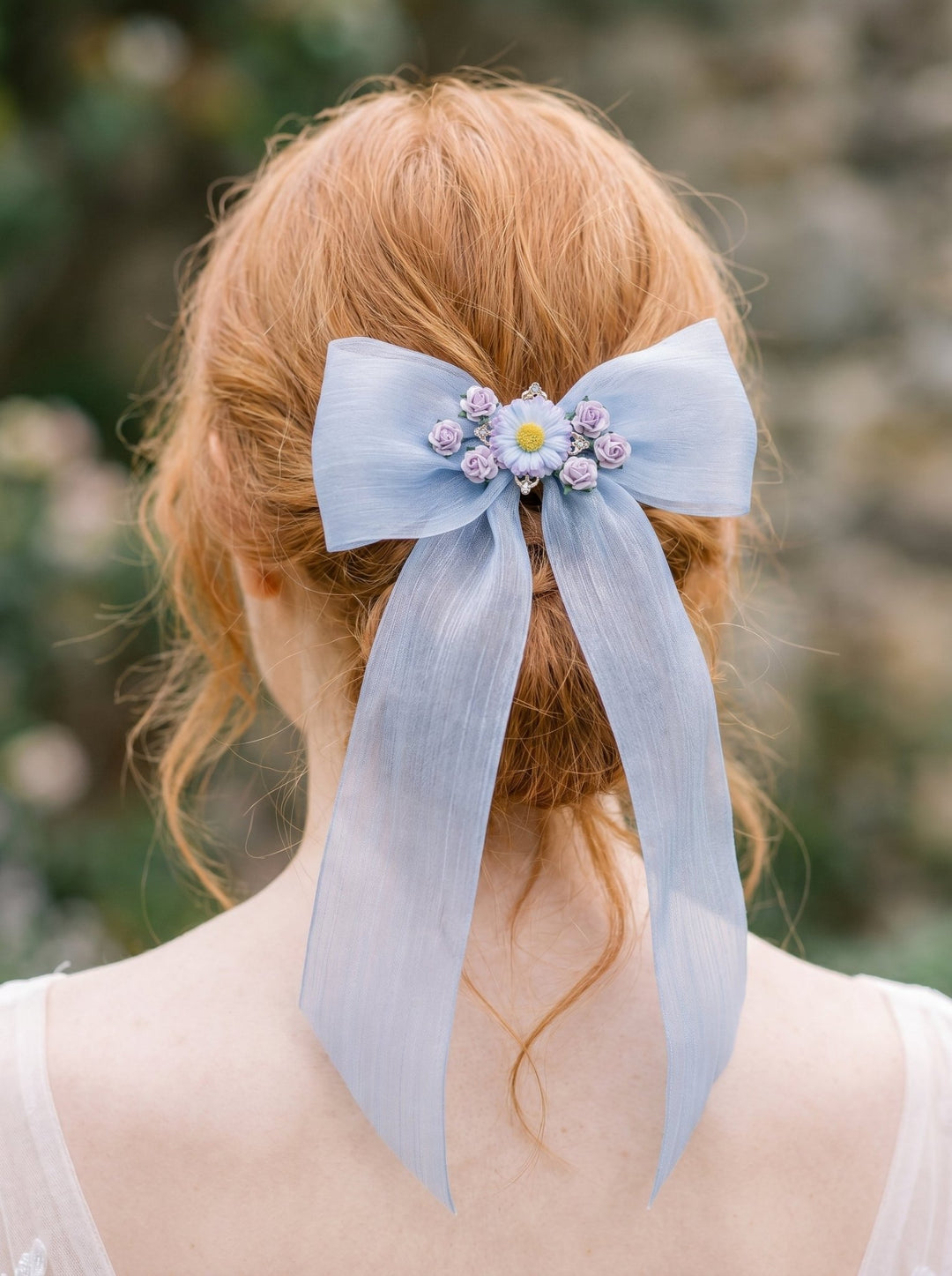 Blue Floral Bow Hair Clip with Daisies – Romantic Wedding Hair Bow, Something Blue Bridal Hair Accessory – handmade floral hair accessory by magaela