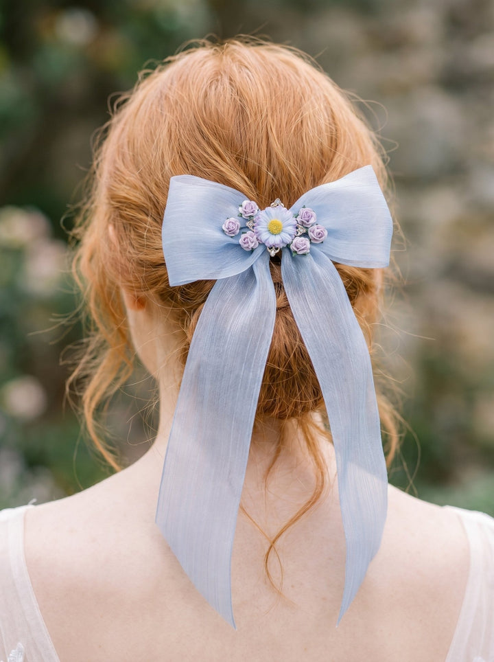 Blue Floral Bow Hair Clip with Daisies – Romantic Wedding Hair Bow, Something Blue Bridal Hair Accessory – handmade floral hair accessory by magaela