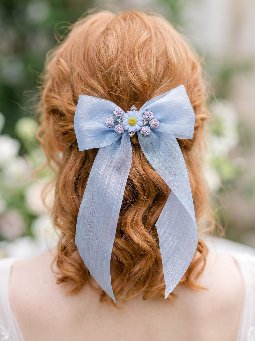 Blue Floral Bow Hair Clip with Daisies – Romantic Wedding Hair Bow, Something Blue Bridal Hair Accessory – handmade floral hair accessory by magaela