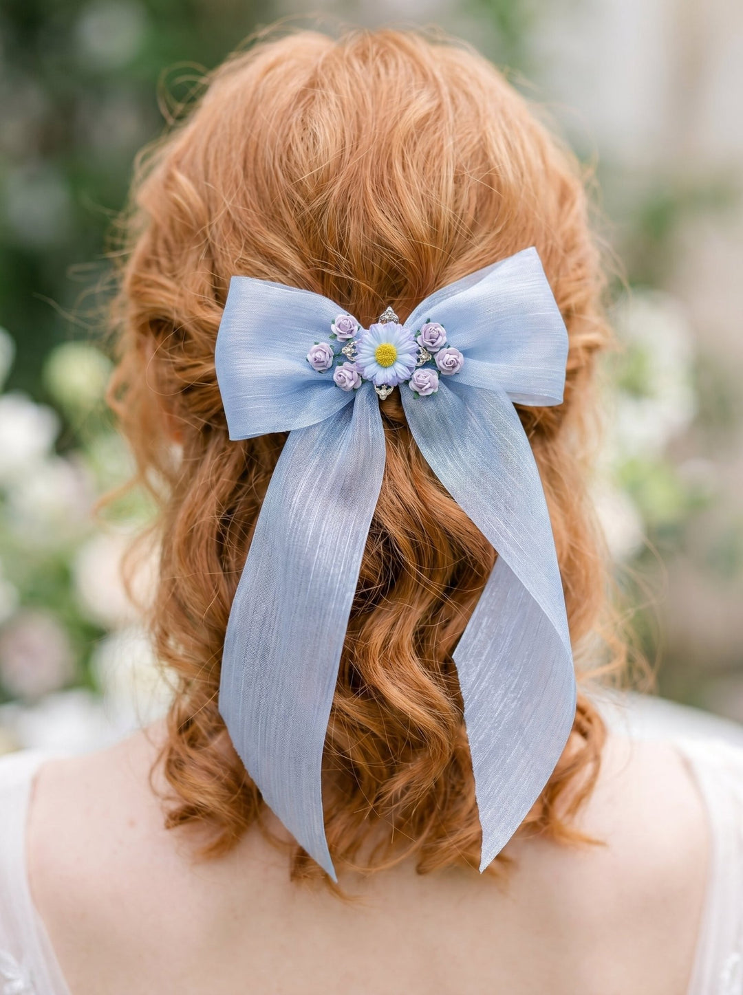 Blue Floral Bow Hair Clip with Daisies – Romantic Wedding Hair Bow, Something Blue Bridal Hair Accessory – handmade floral hair accessory by magaela