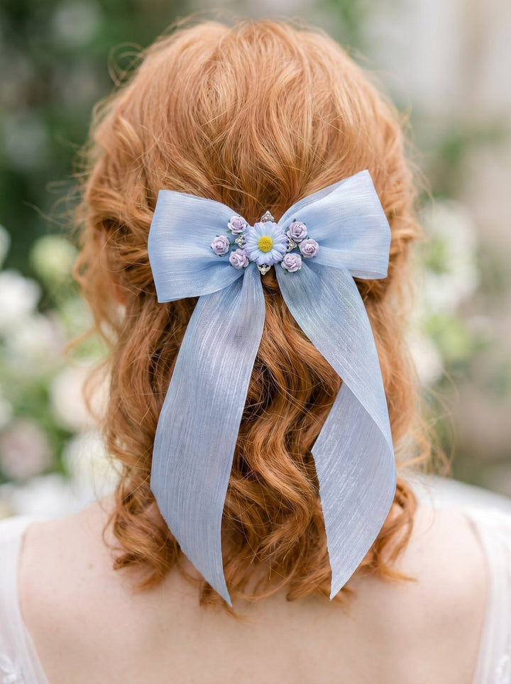 Blue Floral Bow Hair Clip with Daisies – Romantic Wedding Hair Bow, Something Blue Bridal Hair Accessory – handmade floral hair accessory by magaela