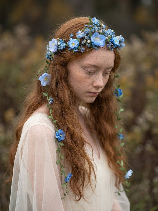 Blue Flower Crown with Floral Vine Veil – Fairy Wedding Headpiece & Woodland Bridal Wreath – handmade floral hair accessory by magaela