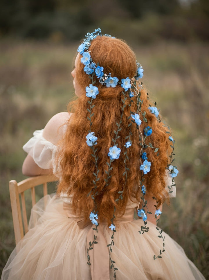 Blue Flower Crown with Floral Vine Veil – Fairy Wedding Headpiece & Woodland Bridal Wreath – handmade floral hair accessory by magaela