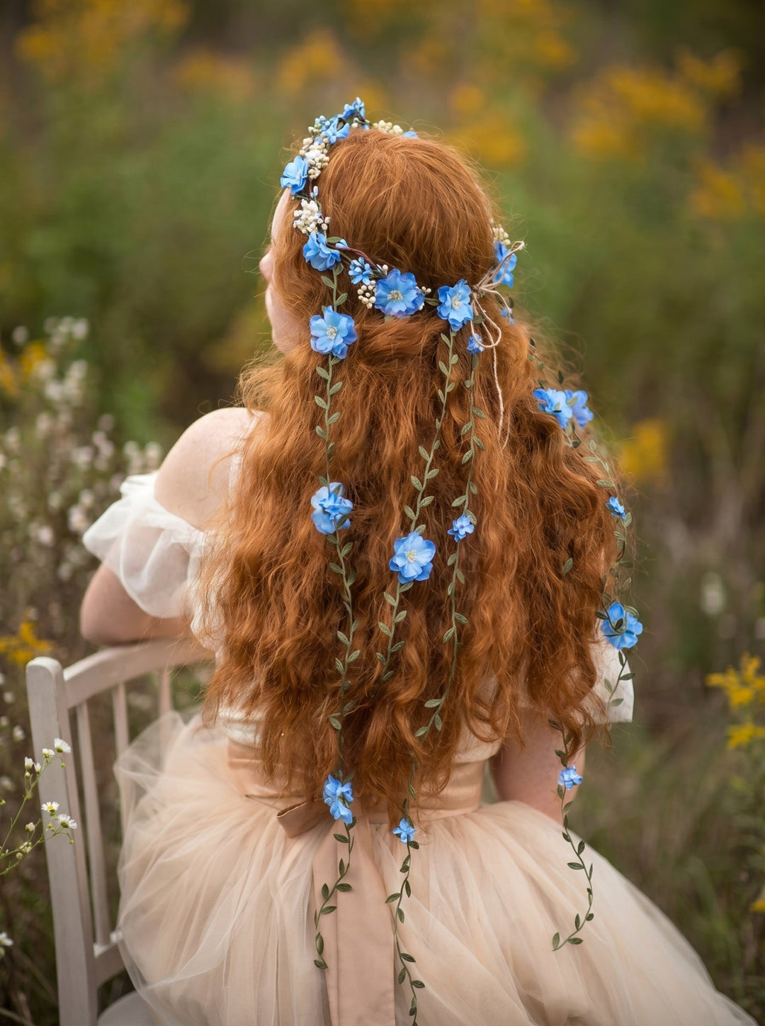Blue Flower Crown with Floral Vine Veil – Fairy Wedding Headpiece & Woodland Bridal Wreath – handmade floral hair accessory by magaela